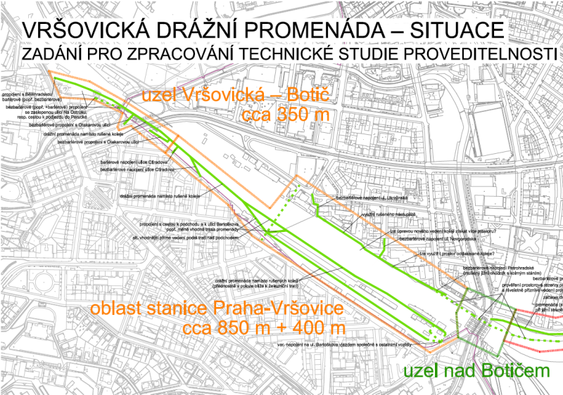 Trasa plánované drážní promenády v Praze 10