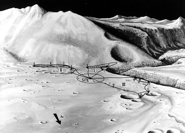 Mapka zachycující pohyb astronautů s Roverem po povrchu Měsíce.