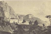 Klášter Mega Spileo, údajně nejstarší mužský klášter v Řecku, na vyobrazení z počátku 19. století