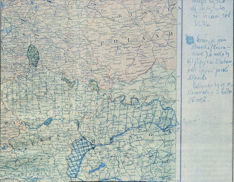 Mapa plánovaného československého státu kreslená T. G. Masarykem v Ženevě v březnu 1915. S vyznačeným koridorem zhruba od Bratislavy k chorvatskému Záhřebu. Pařížská mírová konference koridor v roce 1919 zamítla