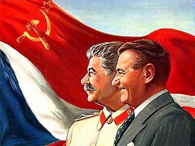 J. V. Stalin a Klement Gottwald na propagandistickém plakátu z padesátých let 20. století.