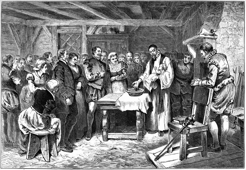 Křest Virginie Dareové, prvního anglického dítěte narozeného v Americe, k němuž došlo, když kolonie ještě existovala