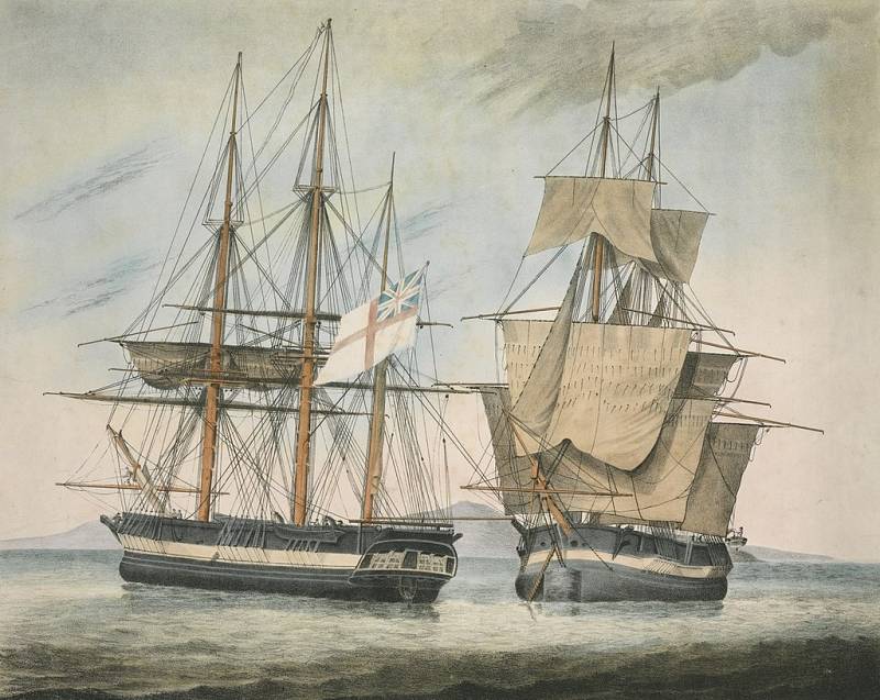 Ručně zbarvená litografie zobrazující lodi Fury a Hecla, jež se zúčastnily v letech 1824 a 1825 neúspěšné Parryho expedice s cílem objevit Severozápadní průjezd z Atlantiku do Tichého oceánu