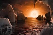 Představa, jak to vypadá na povrchu Trappist-1f, jedné z několika exoplanet soustavy Trappist-1