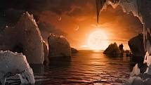 Představa, jak to vypadá na povrchu Trappist-1f, jedné z několika exoplanet soustavy Trappist-1