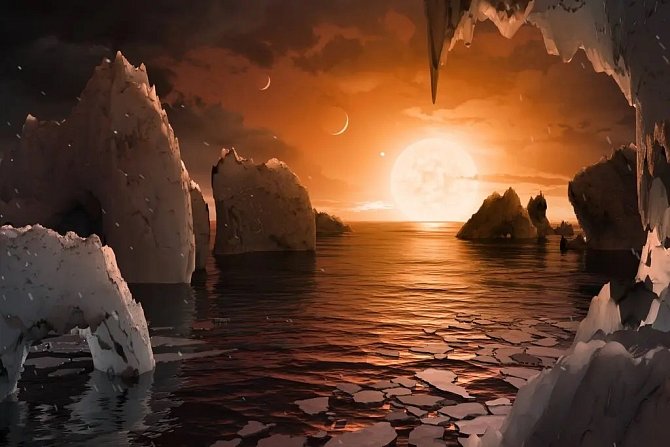 Představa, jak to vypadá na povrchu Trappist-1f, jedné z několika exoplanet soustavy Trappist-1