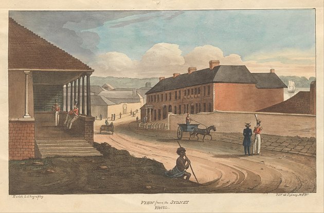 Australské město Sydney v roce 1826. V popředí je vidět domorodý chlapec