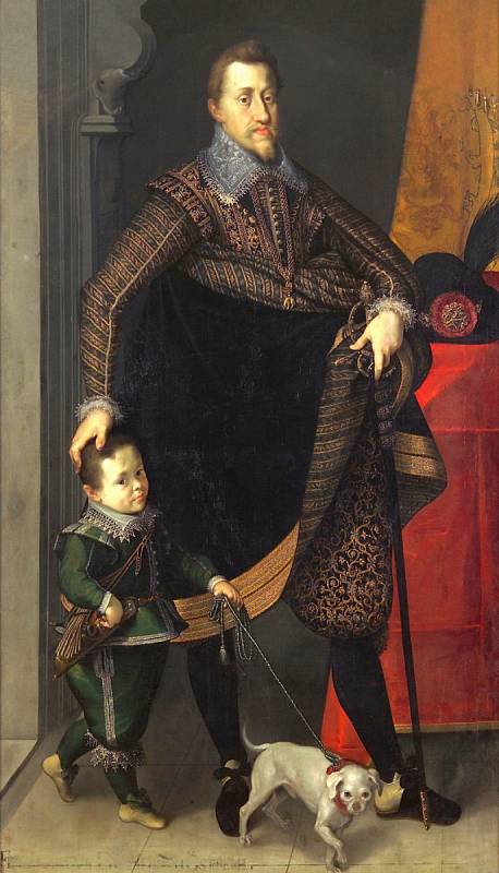 Ferdinand II. Štýrský se svým dvorním trpaslíkem. Olejomalba Josefa Heintze st. z roku 1604