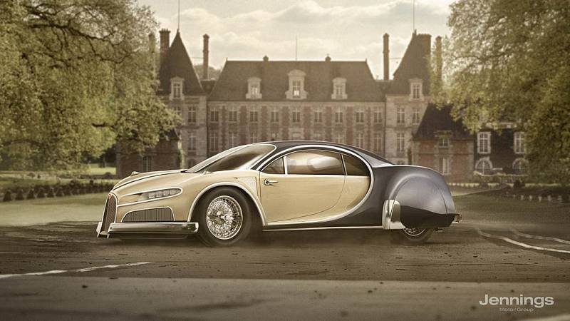 Bugatti Chiron. Zde máme asi nejdelší časovou trhlinu mezi současností a minulostí. Nové hypersportovní GT tak částečně využívá tvary modelů Bugatti z 30. let minulého století. V tomto případě tak samozřejmě nesměla chybět i zakrytovaná zadní kola.