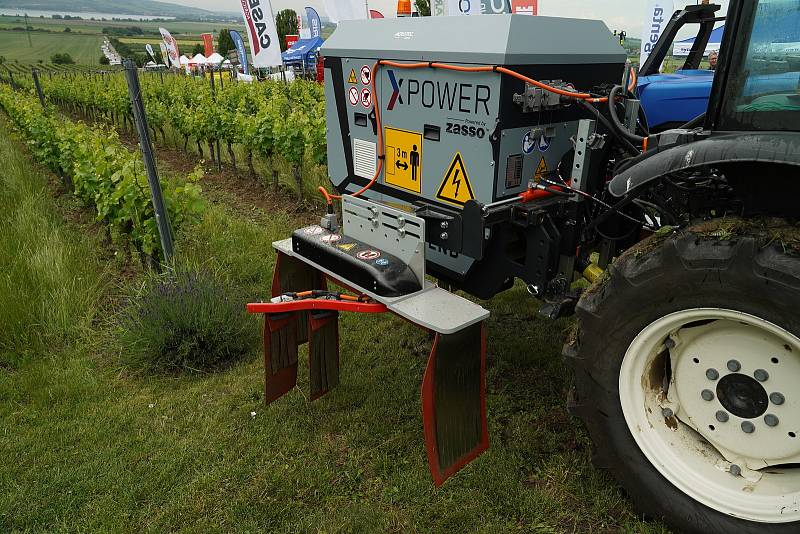 Plně elektrický autonomní robot Bakus (modrý) zastane práci ve vinohradě bez řidiče. Je jednou z technologických novinek představených na jihomoravském vinohradnickém jarmarku Kázání ve vinici