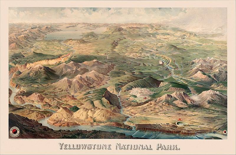Národní park Yellowstone se nachází v kaldeře po erupci supervulkánu. Park se rozkládá na území tří amerických států. Mapa z roku 1904.