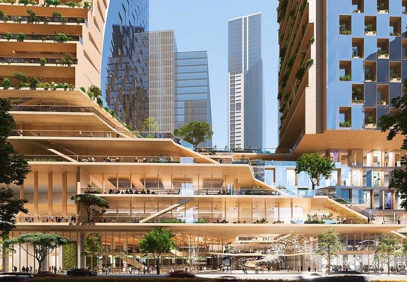 Futuristicky vyhlížející mrakodrap Green Spine, jenž bude novou dominantou australského Melbourne
