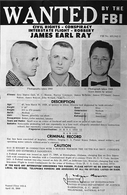 Plakát FBI upozorňující na podobu James Earla Raye, jenž byl v té době nejhledanější osobou, po níž FBI pátrala