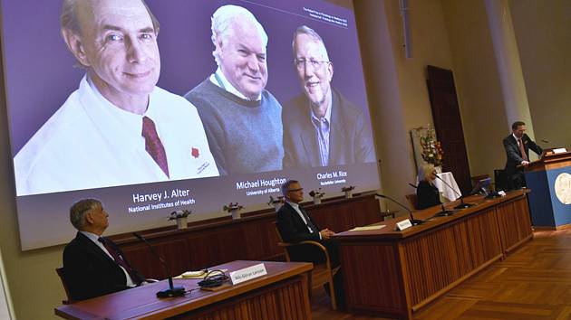 Vyhlášení Nobelovy ceny za lékařství, na obrazovce zleva ocenění vědci (zleva) Američan Harvey Alter, Brit Michael Houghton a Charles Rice z USA