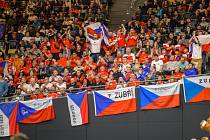 Čeští fanoušci v olympijské hale během utkání s Dánskem (14:23).