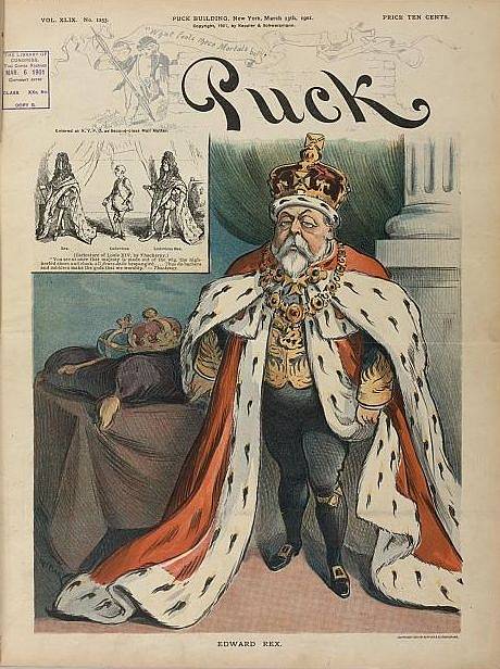 Karikatura britského krále Eduarda VII. z doby, kdy se stal britským panovníkem. Král byl labužníkem, v době korunovace údajně měřil v pase 122 centimetrů.