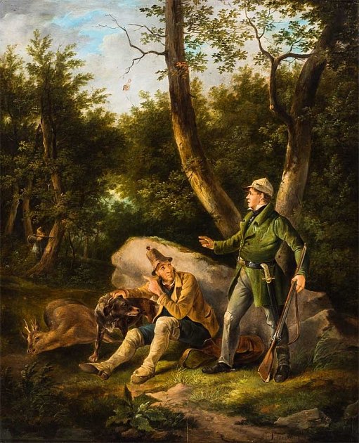 Pytlák míří na dva hajné, obraz Karla Friedricha Schulze. Jde o poměrně věrohodnou scénu, k jaké v lesích opravdu často docházelo