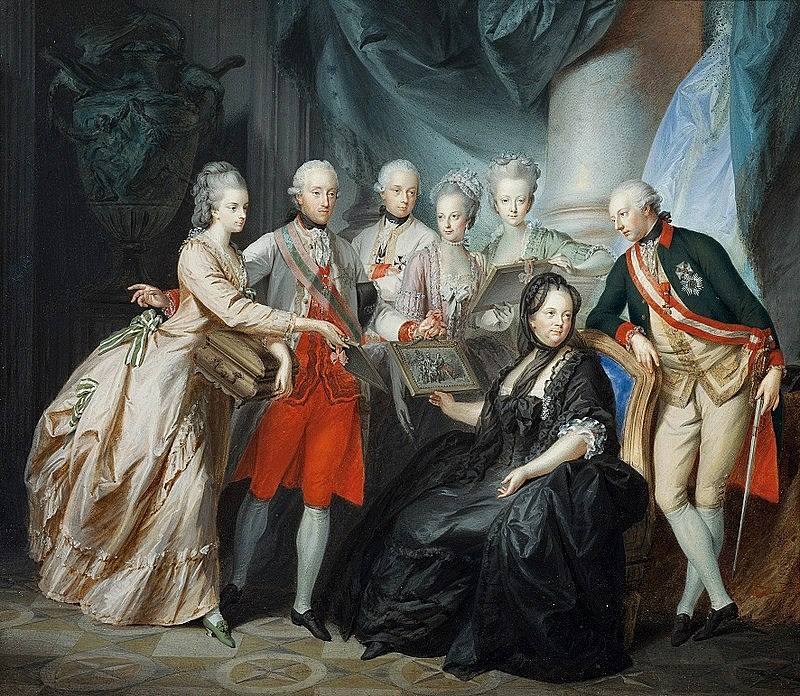 Marie Terezie v pozdním věku s rodinou, zcela vpravo její syn, spoluvládce a nástupce Josef II., jehož před uherským sněmem držela coby malého v náručí