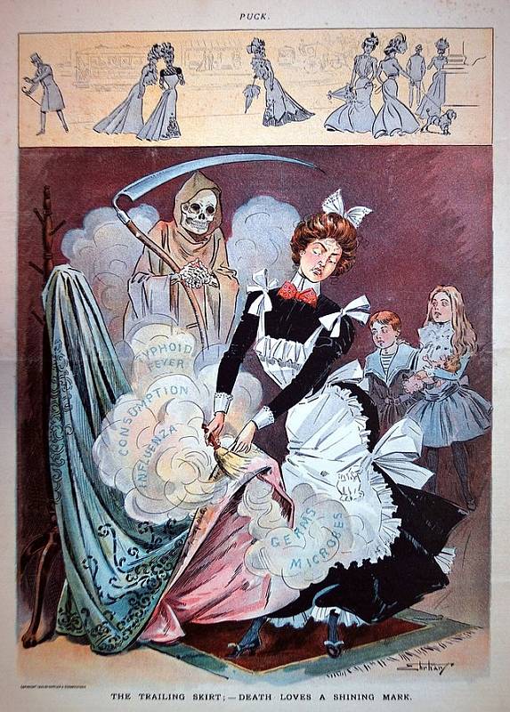 Americký satirický komiks z roku 1900. Služka si oprašuje sukni, znázorněnou jako přenašeč bakterií a mikrobů, včetně těch, které způsobují tyfus nebo chřipku