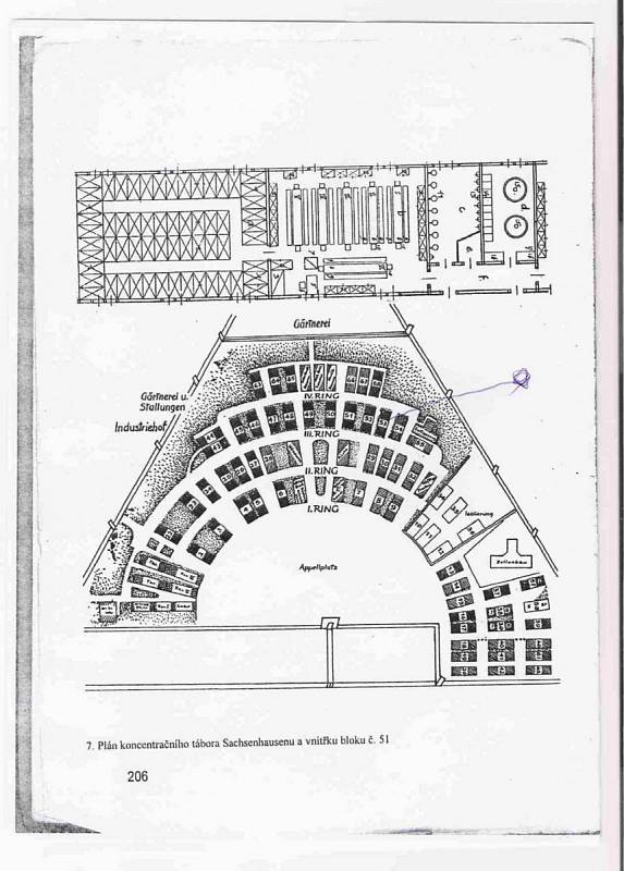 Plán KT Sachsenhausenu – Oranienburgu s vyznačením bloku, kde byl Vojmír Srdečný vězněn