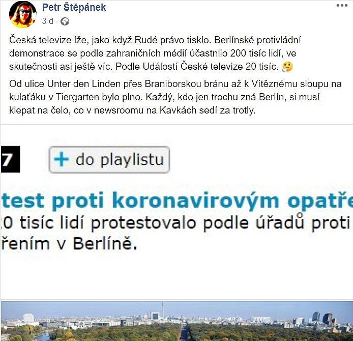 Podle Petra Štěpánka Česká televize zkreslila počty demonstrantů - dokládal to ovšem fotografií z úplně jiné akce