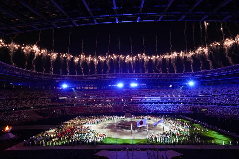 Závěrečný ceremoniál, při němž byly ukončeny XXXII. letní olympijské hry v Tokiu.