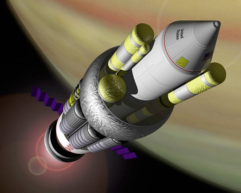 Vizualizace projektu Orion, ve kterém NASA v 50. letech 20. století zvažovala pro výzkum hlubokého vesmíru použití lodí s jaderným pohonem.