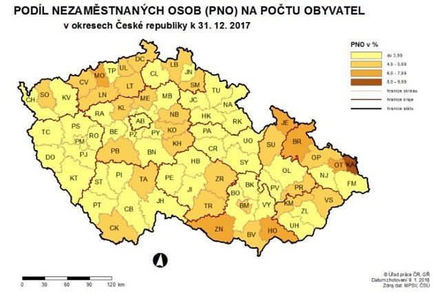 Nezaměstnanost v roce 2017 podle okresů