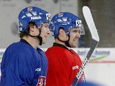 Petr Průcha (v modrém) a Tomáš Rolinek v dobré náladě na reprezentačním tréninku.