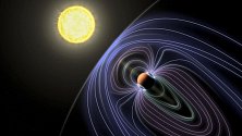 Umělecké ztvárnění exoplanety Tau Boötes b. Znázorněné čáry představují neviditelné magnetické pole chránící tuto planetu před slunečním větrem