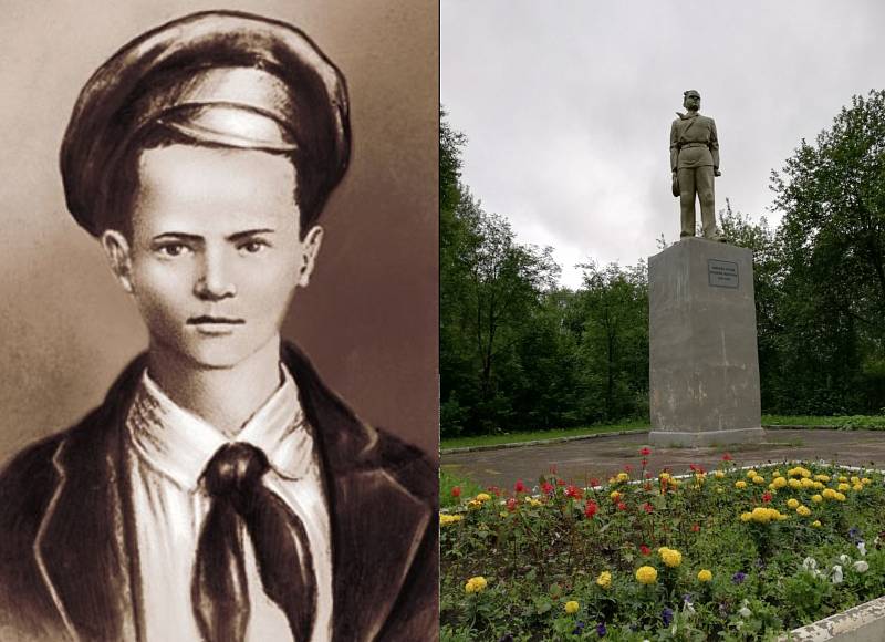 Pavlík Morozov (14. listopadu 1918 – 3. září 1932). Podobné mohyly a památníky stojí na mnoha místech v Rusku (vpravo).