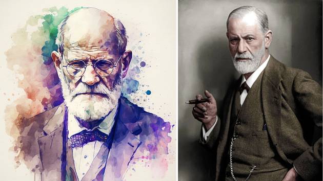 Zakladatel psychoanalýzy Sigmund Freud na akvarelu vytvořeném  Midjourney AI v roce 2023 a na snímku od německého fotografa Maxe Halberstadta. Fotografie z roku 1921 je kolorována