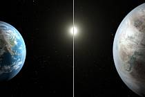 Srovnání Země (vlevo) a exoplanety Kepler-452b.