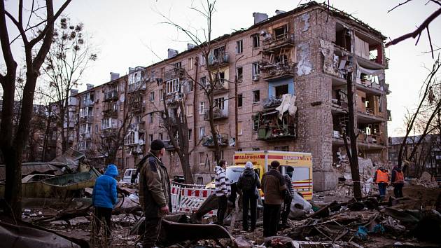 Budovy poničené bombardováním v Kyjevě