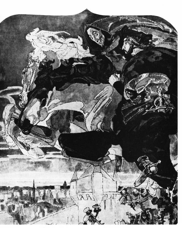 Obraz Faust a Mefisto od Michaila Vrubela, zachycující let nad krajinou. Schopnost létat byla přisuzována i doktoru Kittlovi