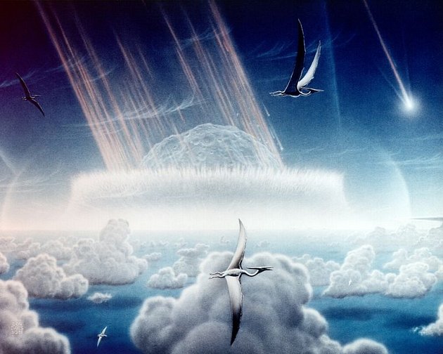 Umělecké zobrazení možného vzhledu nárazu asteroidu Chicxulub do Země.