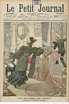 Osudná obálka. Rozzuřená mladá dáma stojí na prahu přepychového salonu. Míří revolverem na jinou mladou dámu, která se kácí... Fámu rozšířil 20. prosince 1903 pařížský deník Petit Journal.