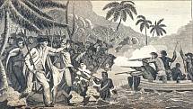 Rytina z roku 1790, zobrazující smrt Jamese Cooka na Havaji.