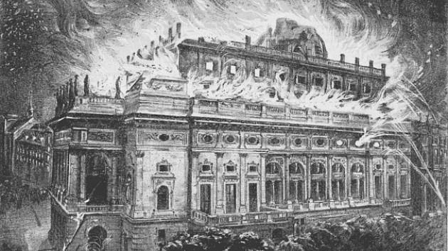 Tato ilustrace požáru Národního divadla v Humoristických listech vznikla tak, že do fotografického snímku již vyhořelé budovy domaloval neznámý tvůrce plameny