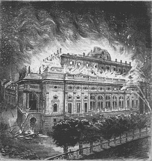 Tato ilustrace požáru Národního divadla v Humoristických listech vznikla tak, že do fotografického snímku již vyhořelé budovy domaloval neznámý tvůrce plameny
