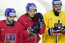 Čeští hokejisté (zleva) Michal Birner, Radim Šimek a Richard Jarůšek na tréninku reprezentace.
