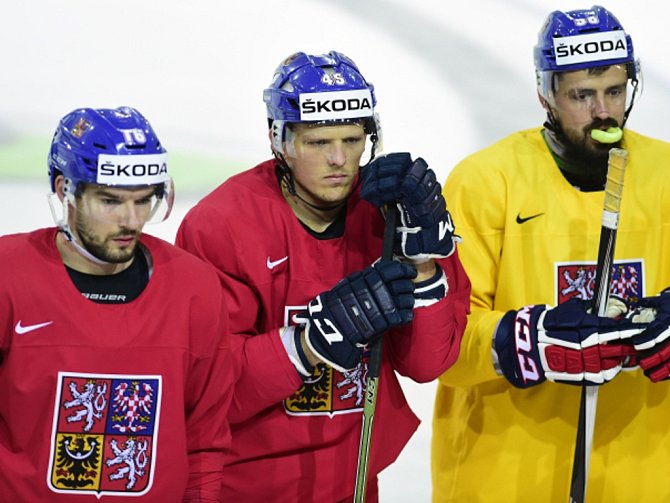 Čeští hokejisté (zleva) Michal Birner, Radim Šimek a Richard Jarůšek na tréninku reprezentace.