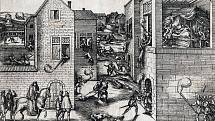Tento tisk od Franse Hogenberga ukazuje vlevo pokus o atentát na vůdce hugenotů admirála Colignyho, vpravo jeho následnou vraždu a scény obecného masakru v ulicích