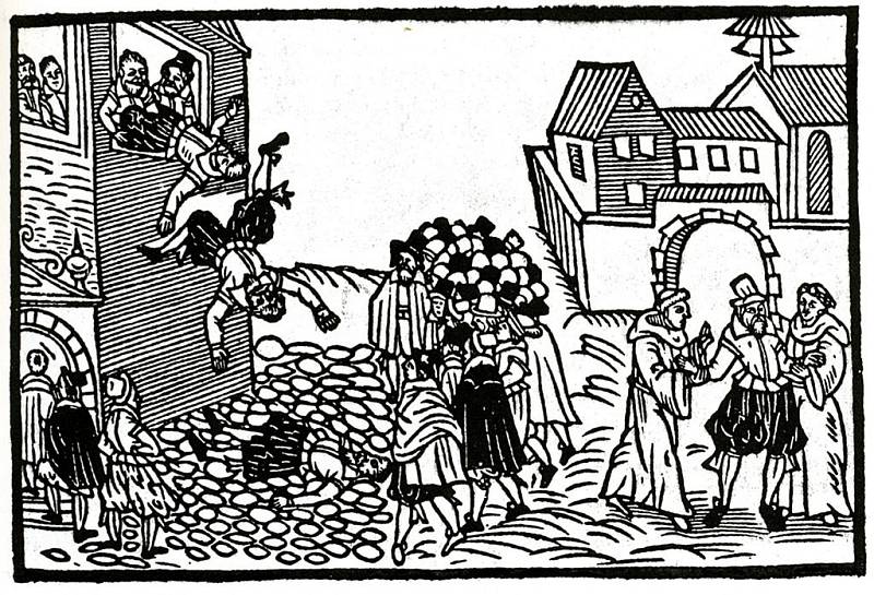 Pražská defenestrace vyobrazená na dobovém letáku