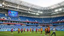 Trénink belgických fotbalistů na stadionu v Kaliningradu během MS 2018