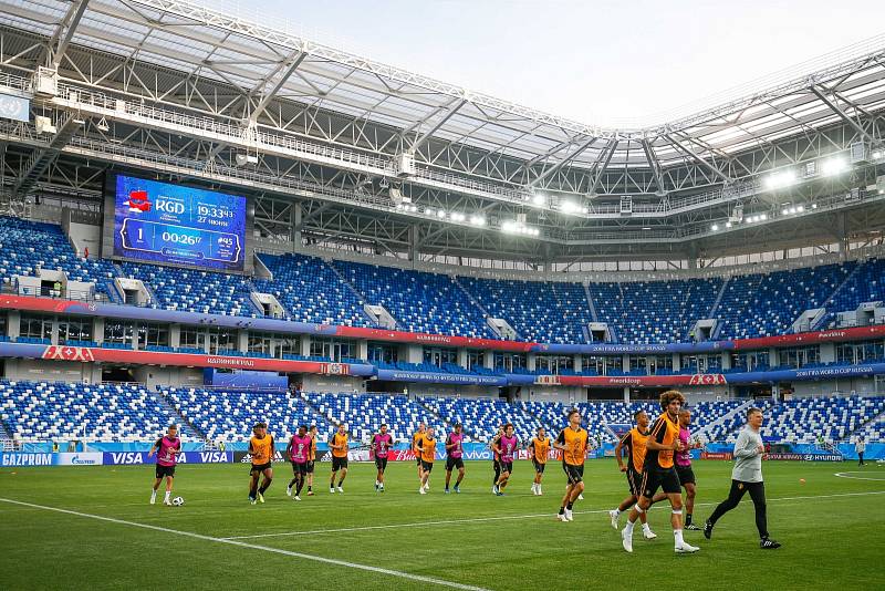 Trénink belgických fotbalistů na stadionu v Kaliningradu během MS 2018