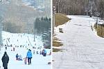 Sportovní areál Klíny v Krušných horách na konci prosince 2020 (vlevo) a v sobotu 6. března 2021 (vpravo)