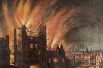 Jedna z bran původních městských hradeb v plamenech při Velkém požáru Londýna. V pozadí lze vidět hořící katedrálu sv. Pavla.