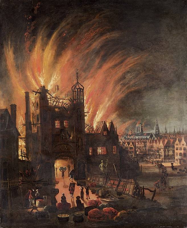 Jedna z bran původních městských hradeb v plamenech při Velkém požáru Londýna. V pozadí lze vidět hořící katedrálu sv. Pavla.