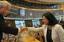 Česká kandidátka do Evropské komise Věra Jourová se 1. října po svém vystoupení před výbory europarlamentu zdraví s šéfem výboru pro právní otázky, europoslancem Pavlem Svobodou.
